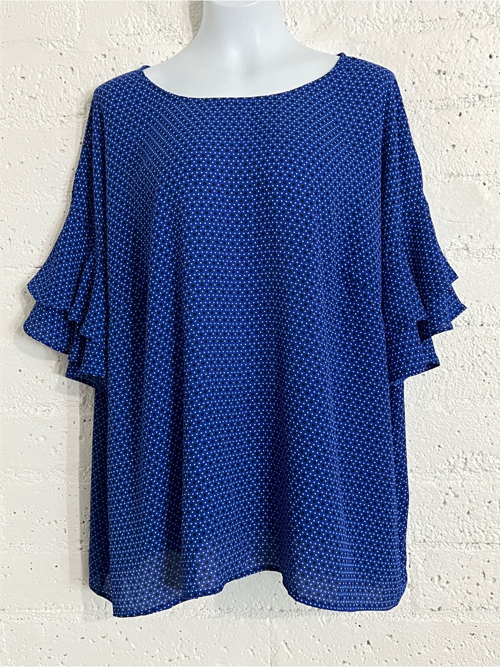 Liz Claiborne Womens Plus Top 3X Blue Polka Dot Short Ruffle Sleeve Blouse J3